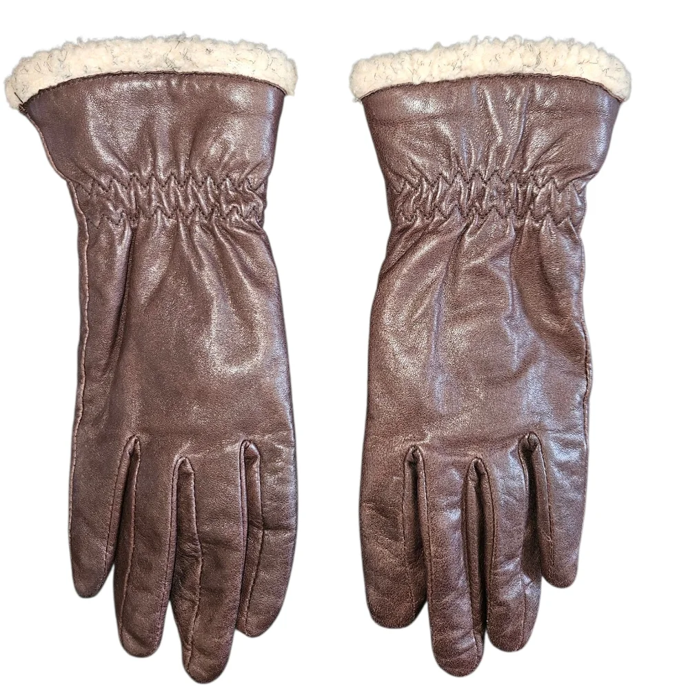 Women's Sherpa Lined Chocolate Brown Leather Gloves Size S